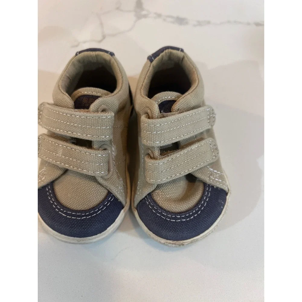 Sperry Top Sider Toddler Crib Shoes Khaki Navy‎ Canvas Hook Loop Size 1